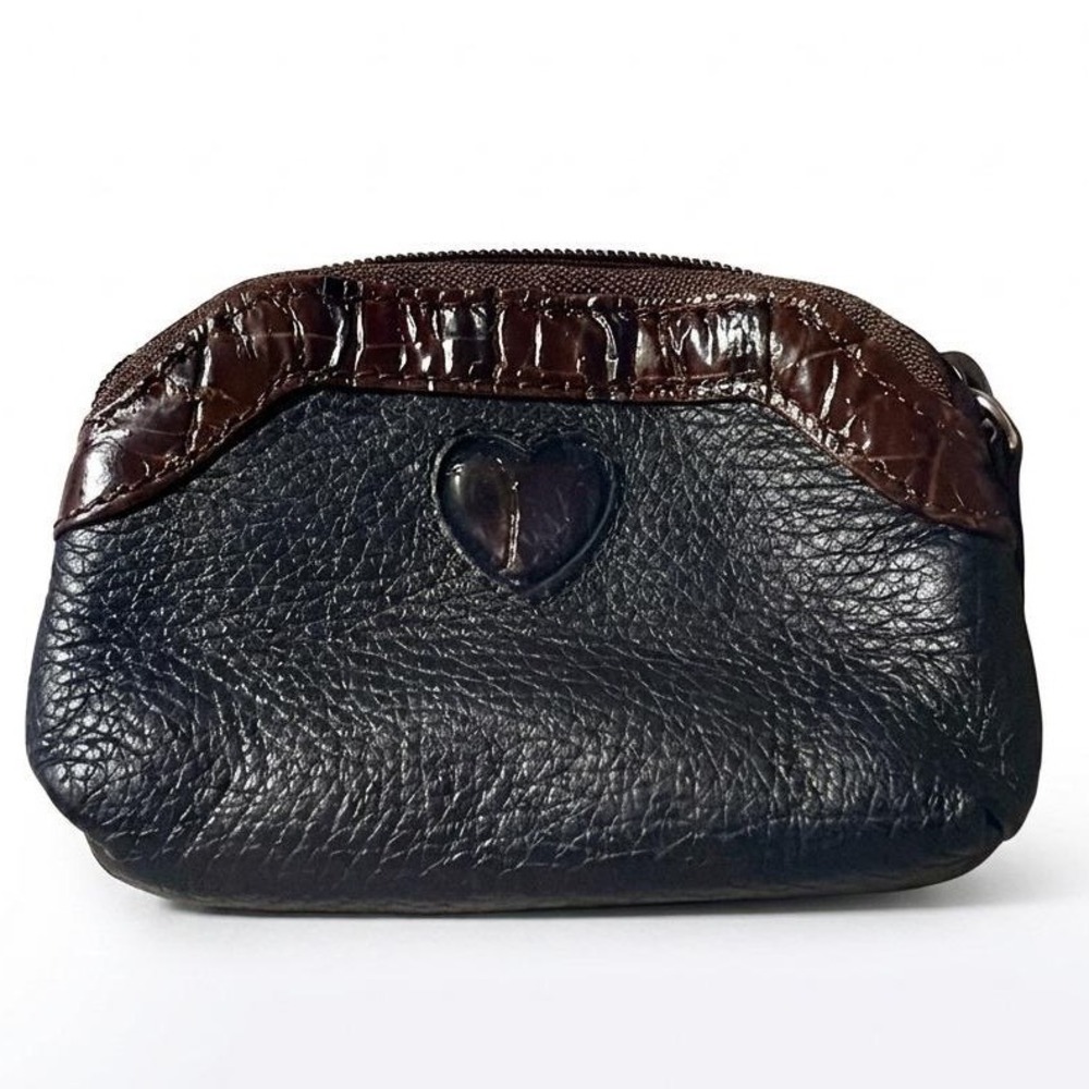 Brighton Black Pebbled Leather Coin Purse Brown Croc Trim Heart Detail Pouch